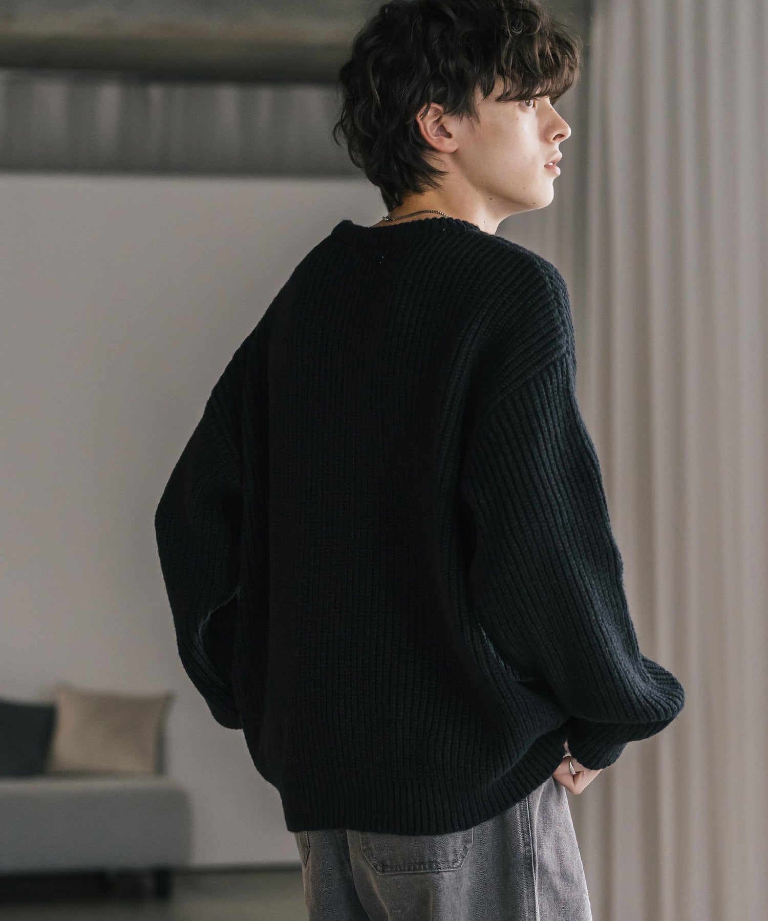 オーバーサイズ畦編みクルーネック長袖ニットセーター 14552