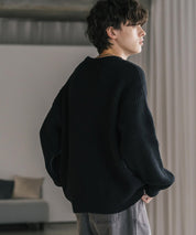 オーバーサイズ畦編みクルーネック長袖ニットセーター 14552