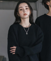 オーバーサイズ畦編みクルーネック長袖ニットセーター 14552