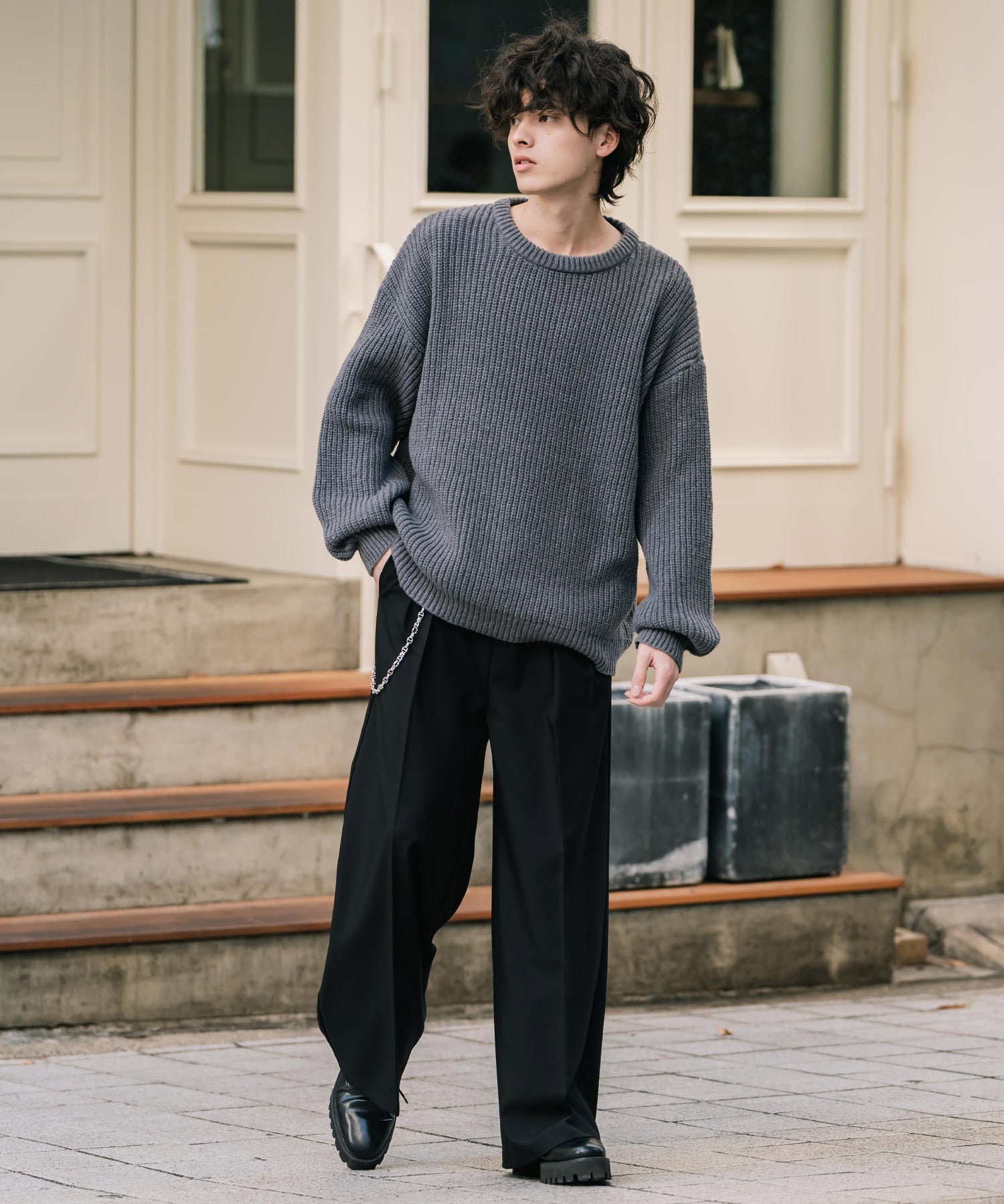 オーバーサイズ畦編みクルーネック長袖ニットセーター 14552