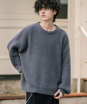 オーバーサイズ畦編みクルーネック長袖ニットセーター 14552
