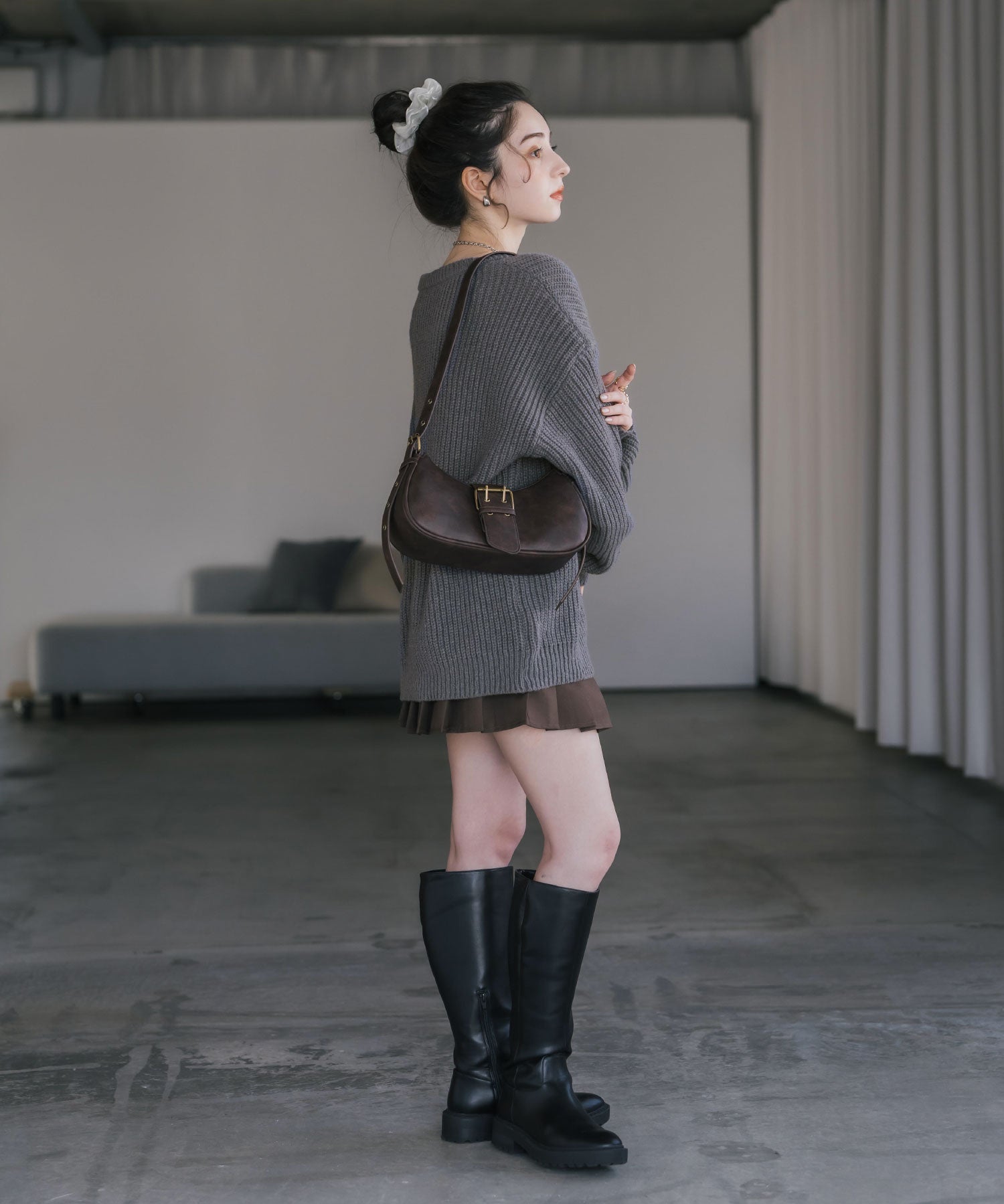 オーバーサイズ畦編みクルーネック長袖ニットセーター 14552