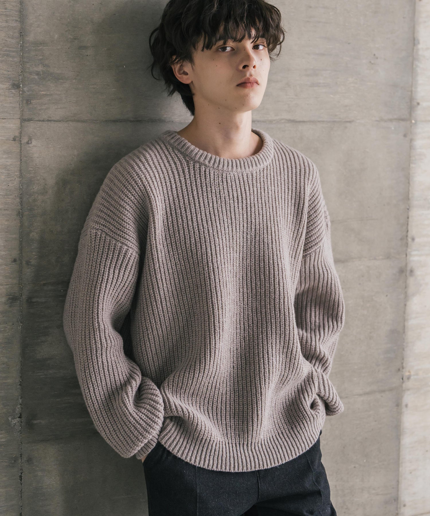 オーバーサイズ畦編みクルーネック長袖ニットセーター 14552