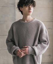 オーバーサイズ畦編みクルーネック長袖ニットセーター 14552