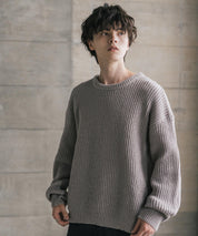オーバーサイズ畦編みクルーネック長袖ニットセーター 14552