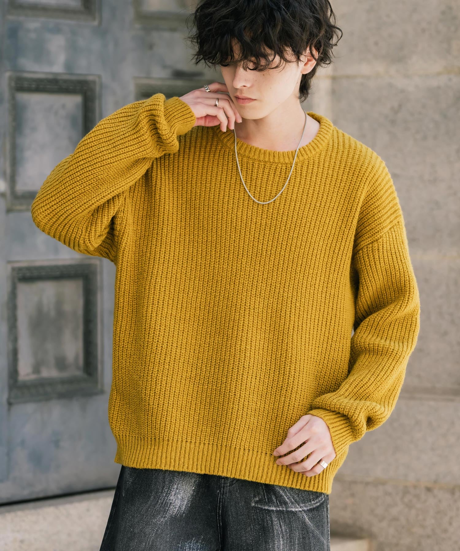 オーバーサイズ畦編みクルーネック長袖ニットセーター 14552