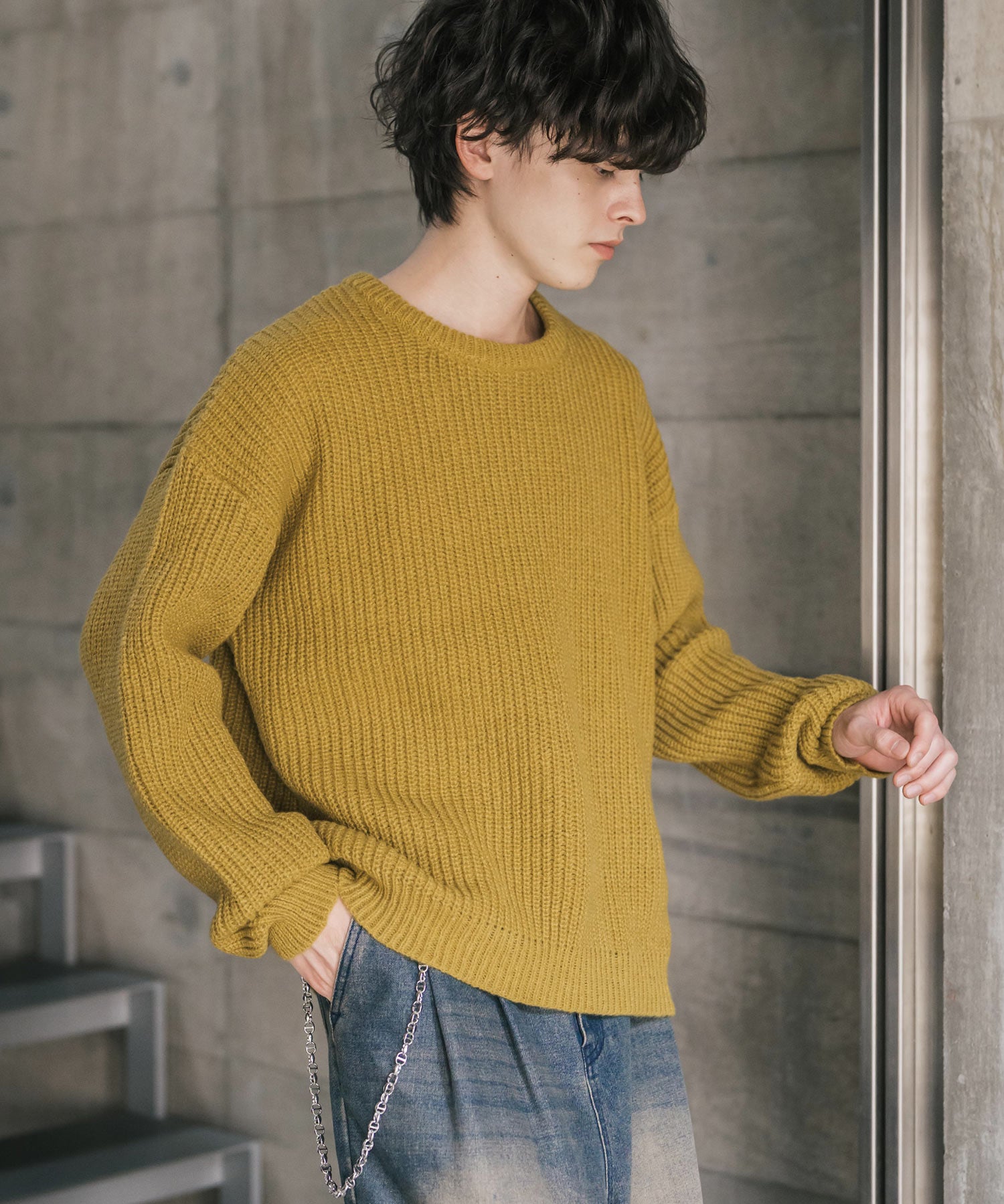 オーバーサイズ畦編みクルーネック長袖ニットセーター 14552