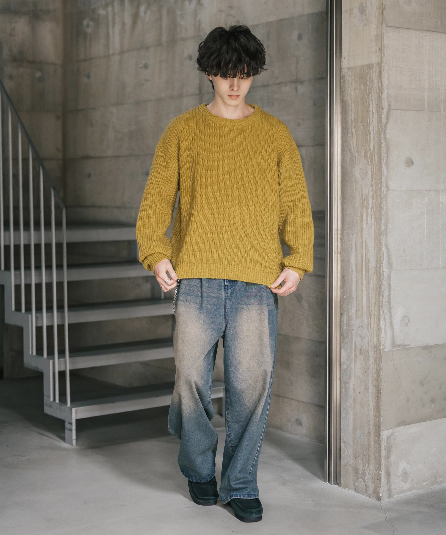 オーバーサイズ畦編みクルーネック長袖ニットセーター 14552