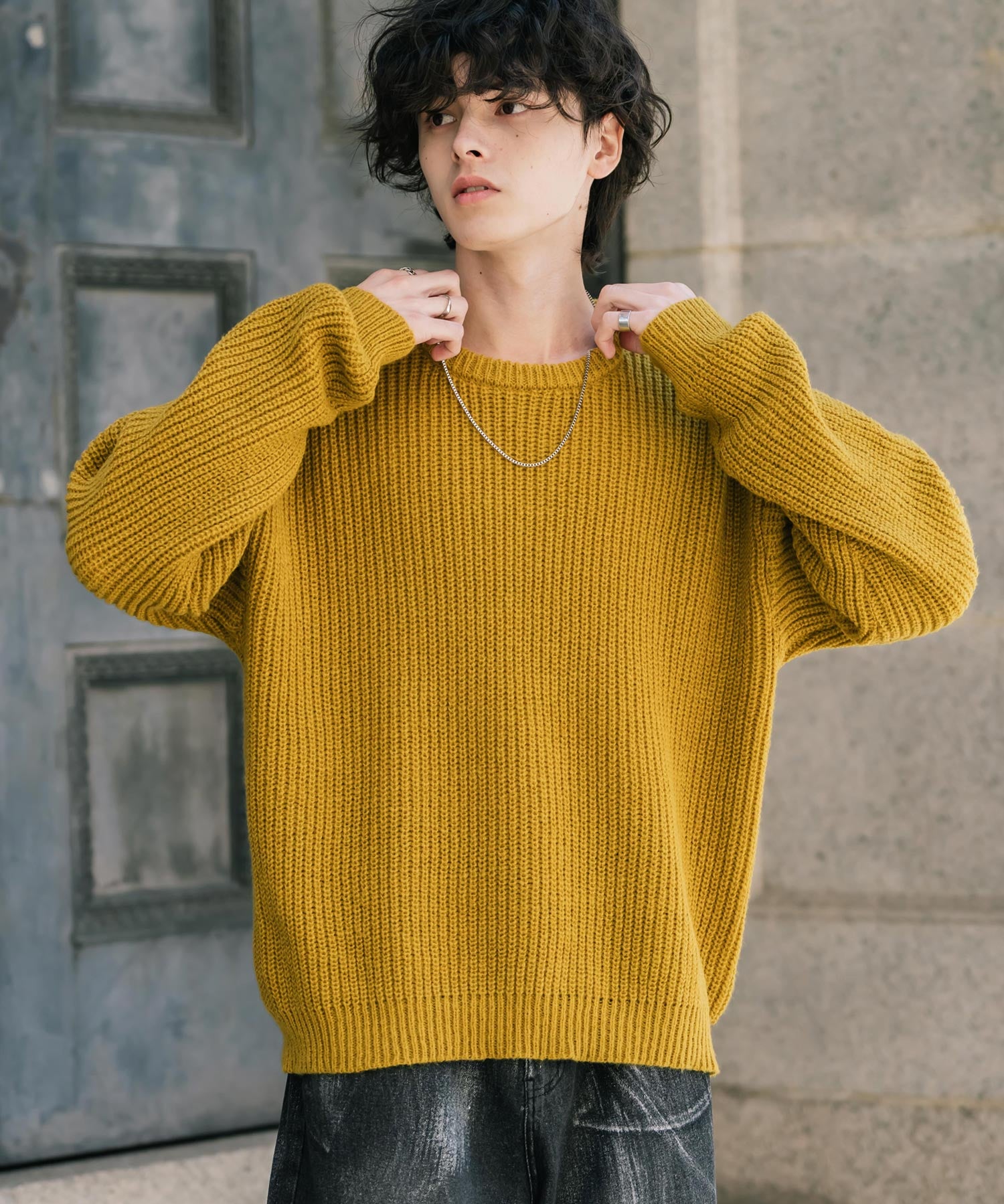 オーバーサイズ畦編みクルーネック長袖ニットセーター 14552