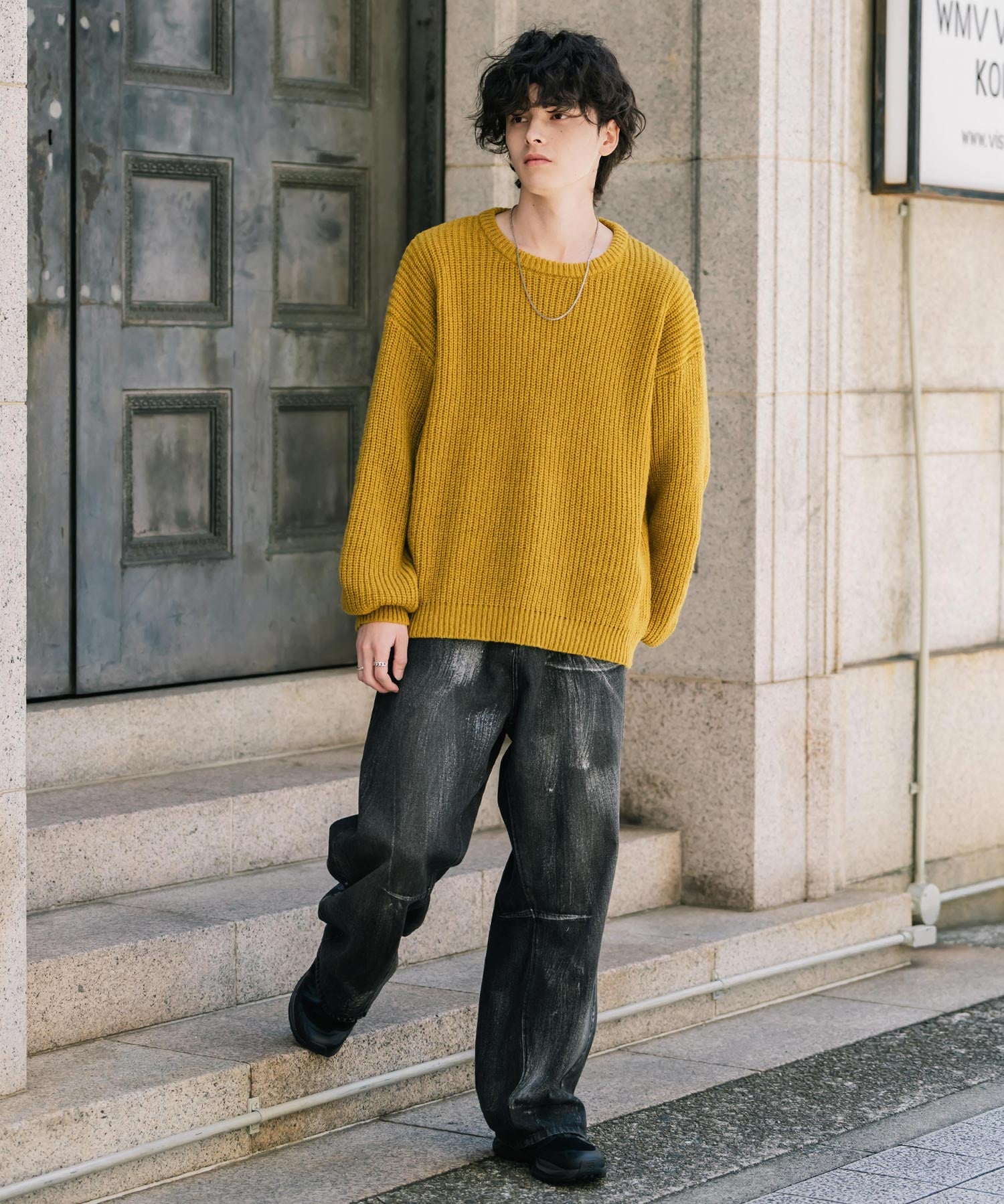 オーバーサイズ畦編みクルーネック長袖ニットセーター 14552