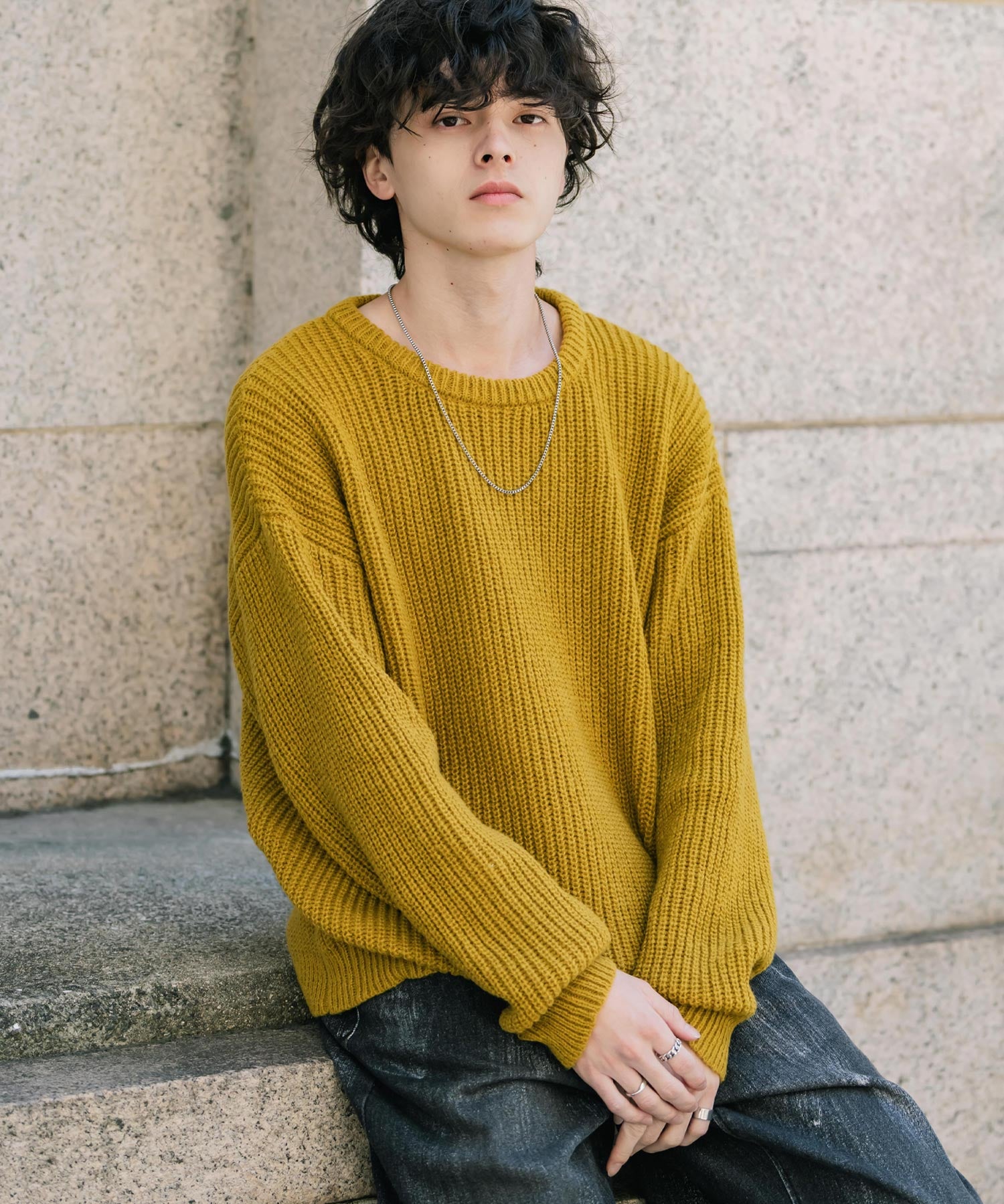 オーバーサイズ畦編みクルーネック長袖ニットセーター 14552