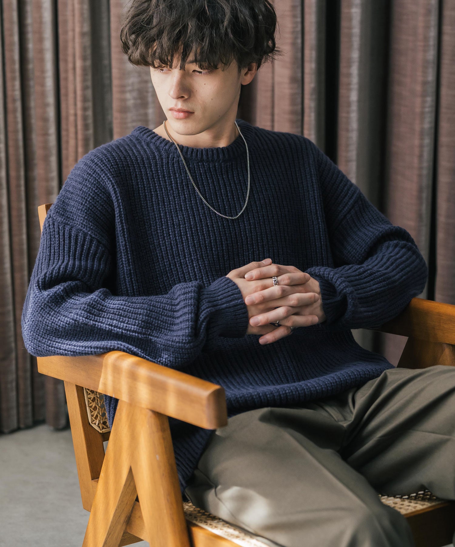 オーバーサイズ畦編みクルーネック長袖ニットセーター 14552