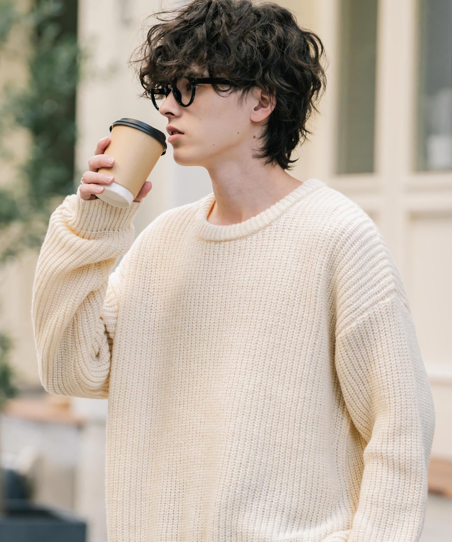 オーバーサイズ畦編みクルーネック長袖ニットセーター 14552