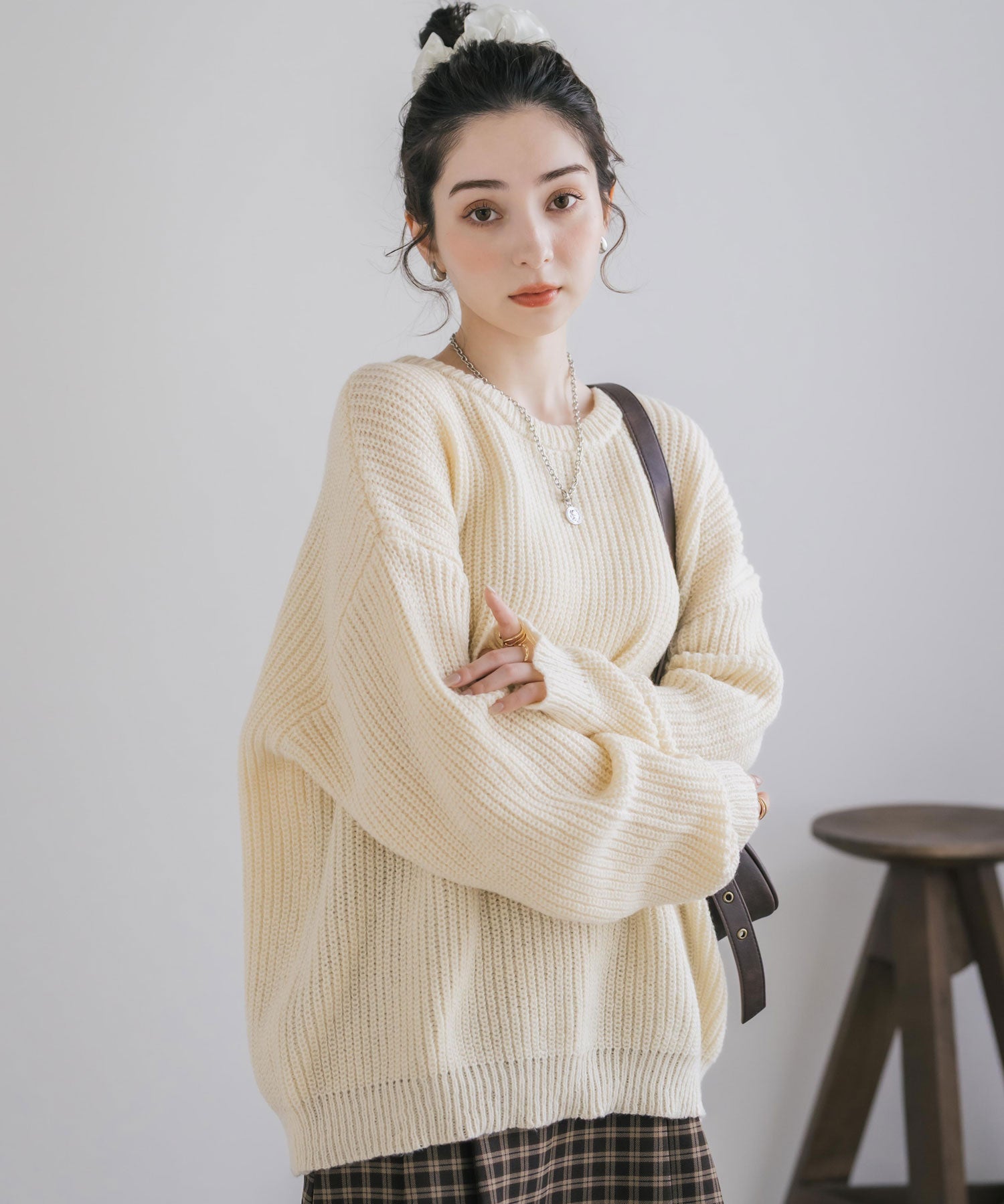 オーバーサイズ畦編みクルーネック長袖ニットセーター 14552