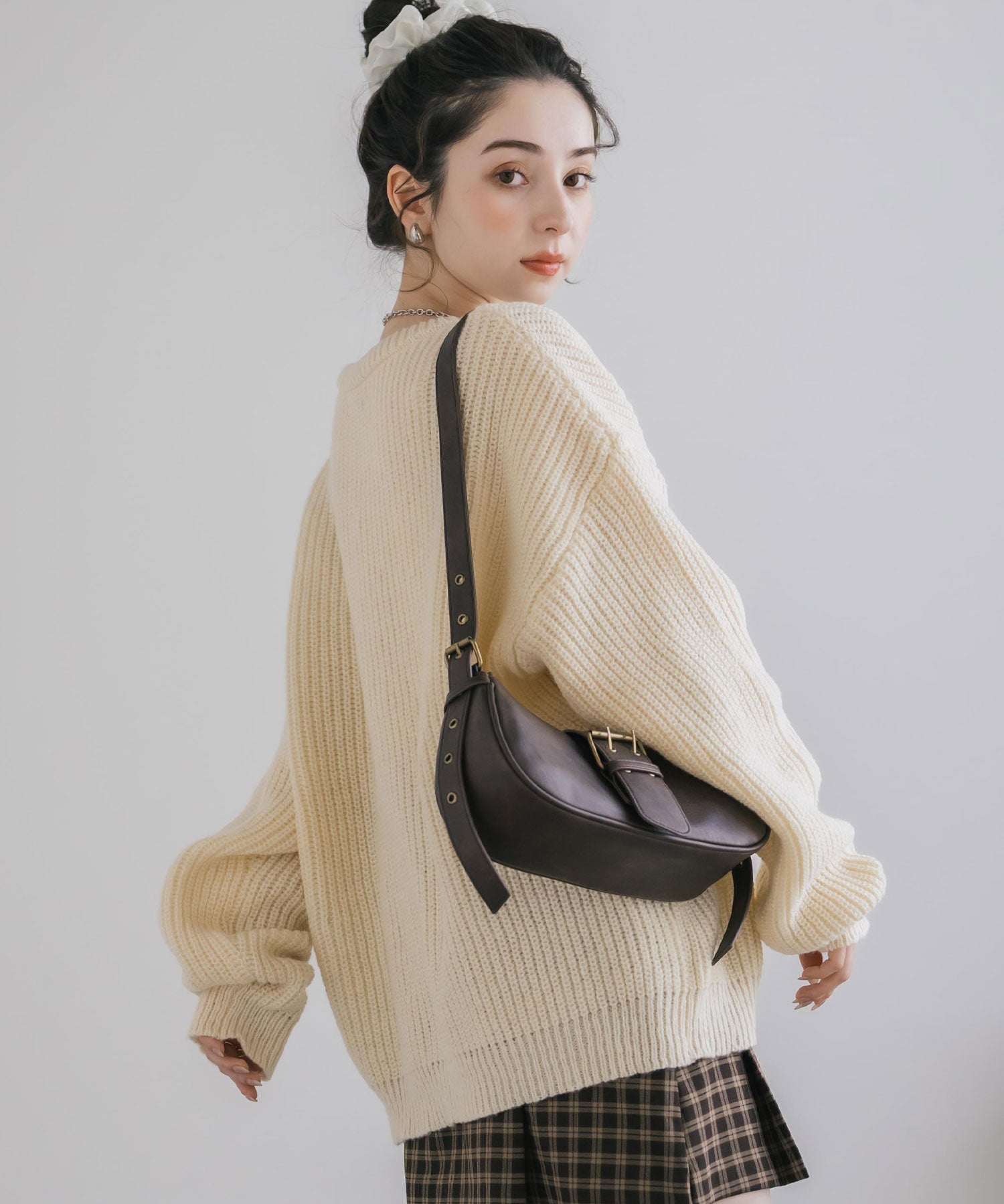 オーバーサイズ畦編みクルーネック長袖ニットセーター 14552