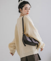 オーバーサイズ畦編みクルーネック長袖ニットセーター 14552