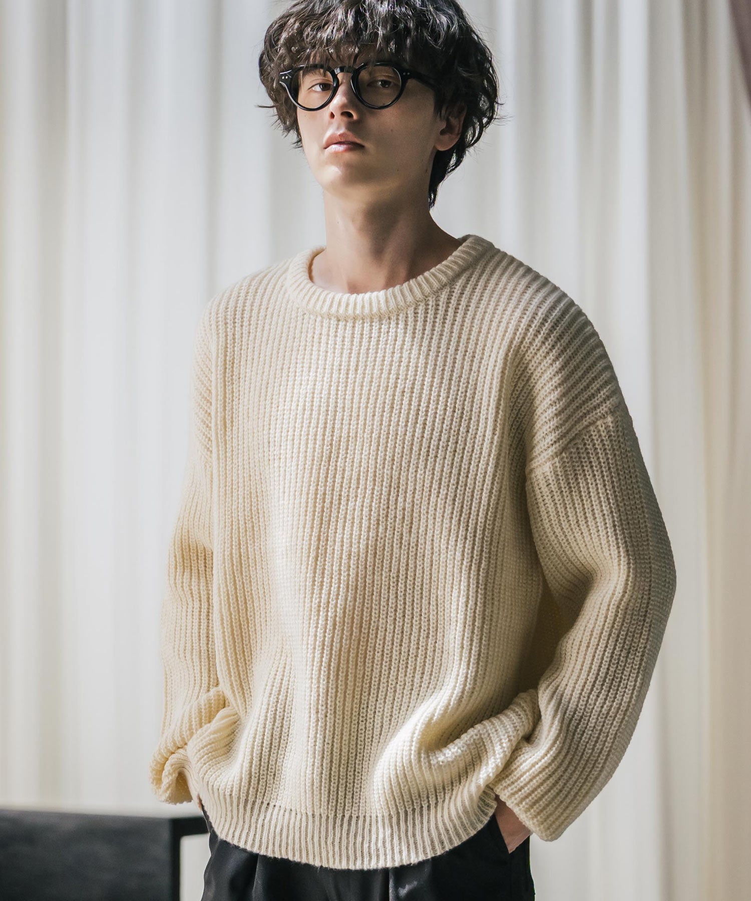 オーバーサイズ畦編みクルーネック長袖ニットセーター 14552