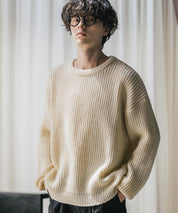 オーバーサイズ畦編みクルーネック長袖ニットセーター 14552