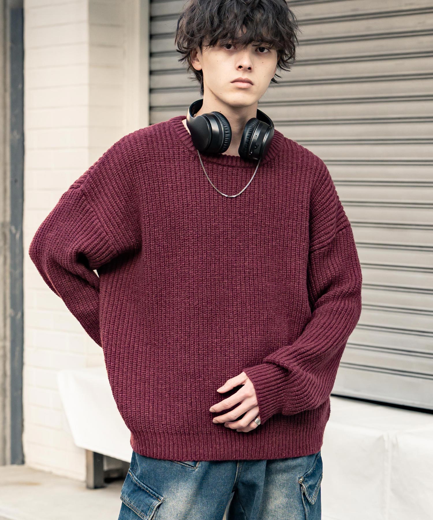 オーバーサイズ畦編みクルーネック長袖ニットセーター 14552