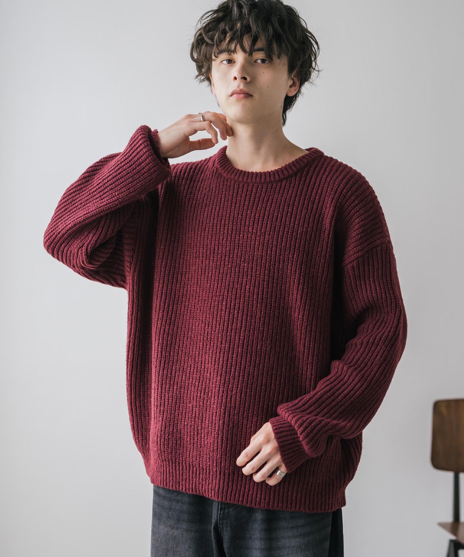 オーバーサイズ畦編みクルーネック長袖ニットセーター 14552