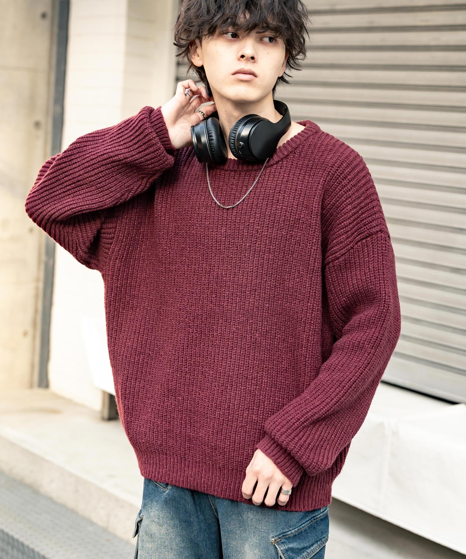 オーバーサイズ畦編みクルーネック長袖ニットセーター 14552