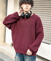 オーバーサイズ畦編みクルーネック長袖ニットセーター 14552