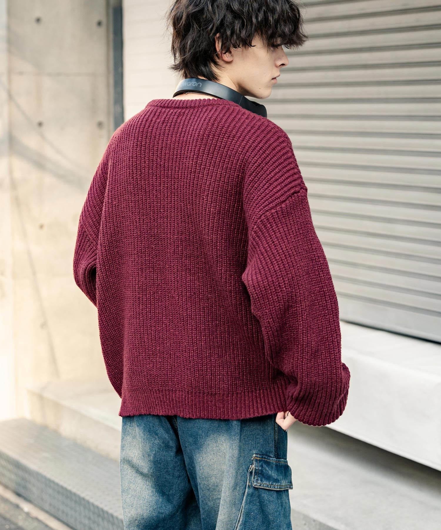 オーバーサイズ畦編みクルーネック長袖ニットセーター 14552