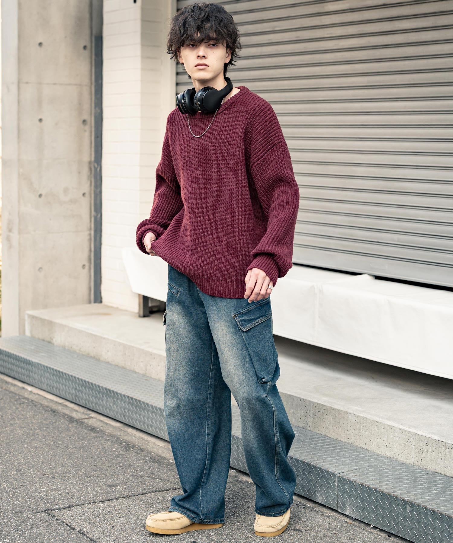 オーバーサイズ畦編みクルーネック長袖ニットセーター 14552