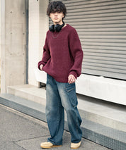 オーバーサイズ畦編みクルーネック長袖ニットセーター 14552