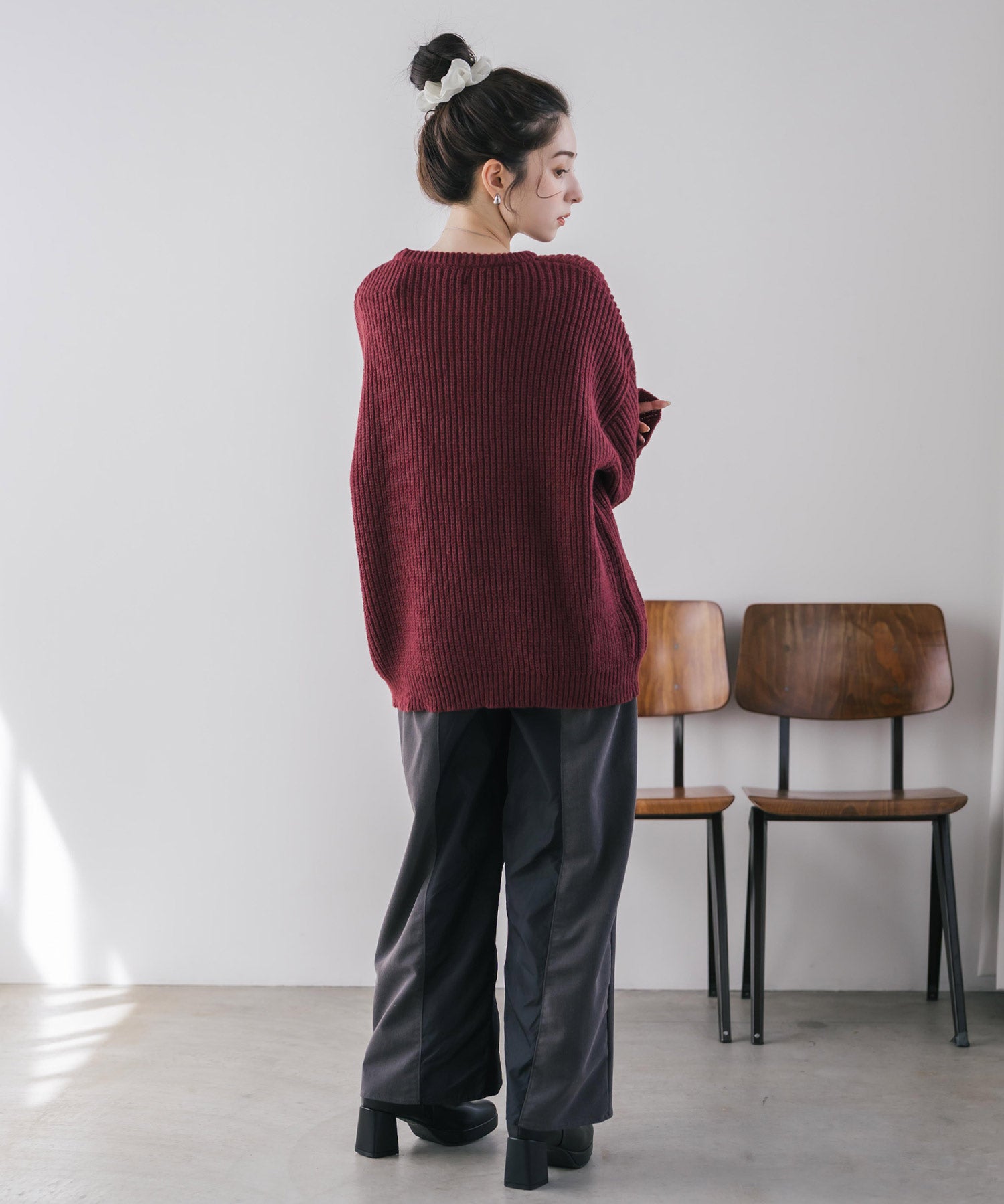 オーバーサイズ畦編みクルーネック長袖ニットセーター 14552