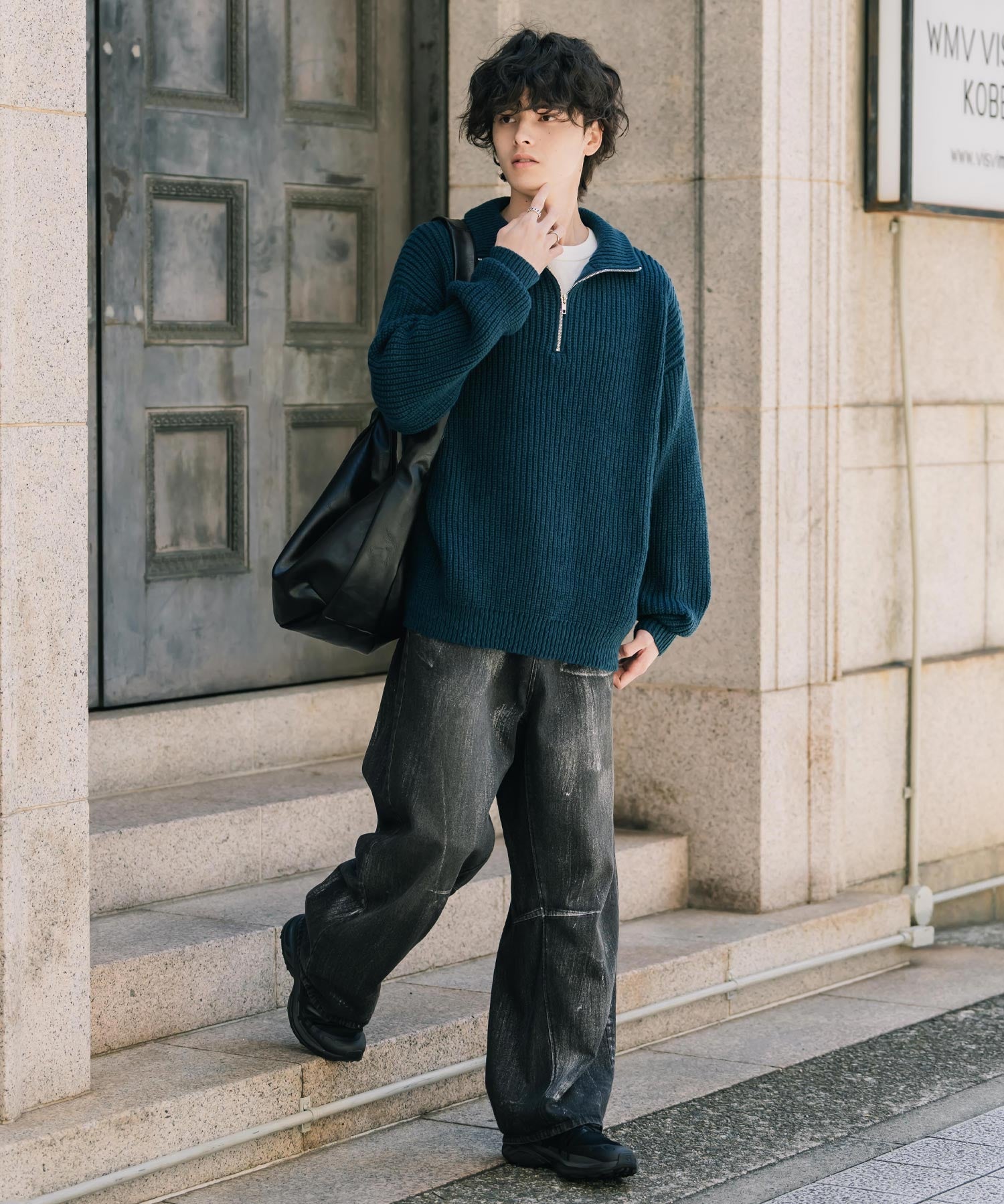 オーバーサイズ畦編みハーフジップニットセーター 14553