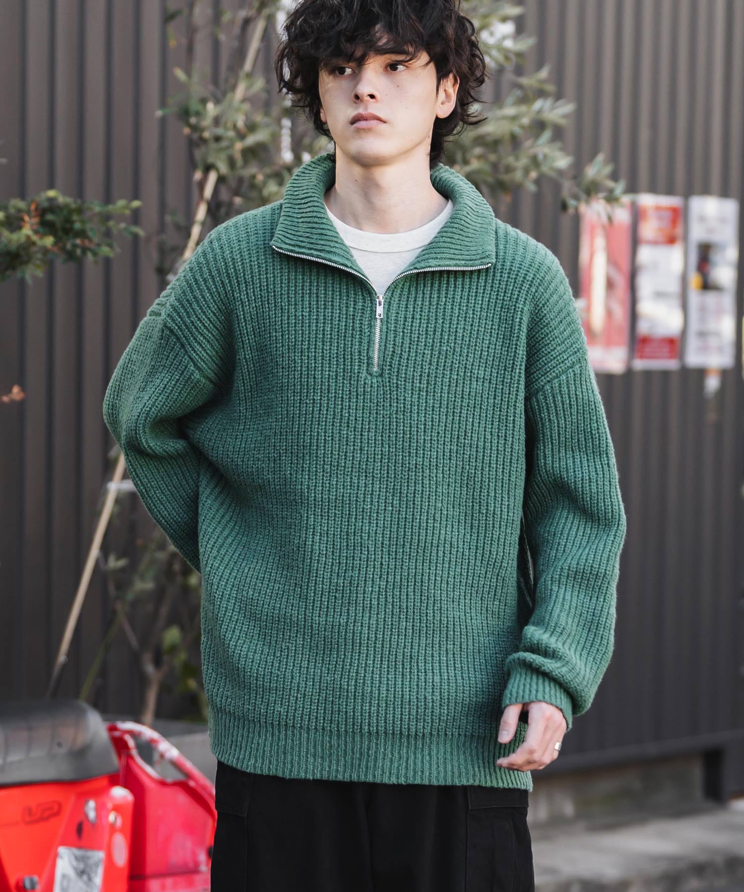 新色追加 オーバーサイズ畦編みハーフジップニットセーター 14553