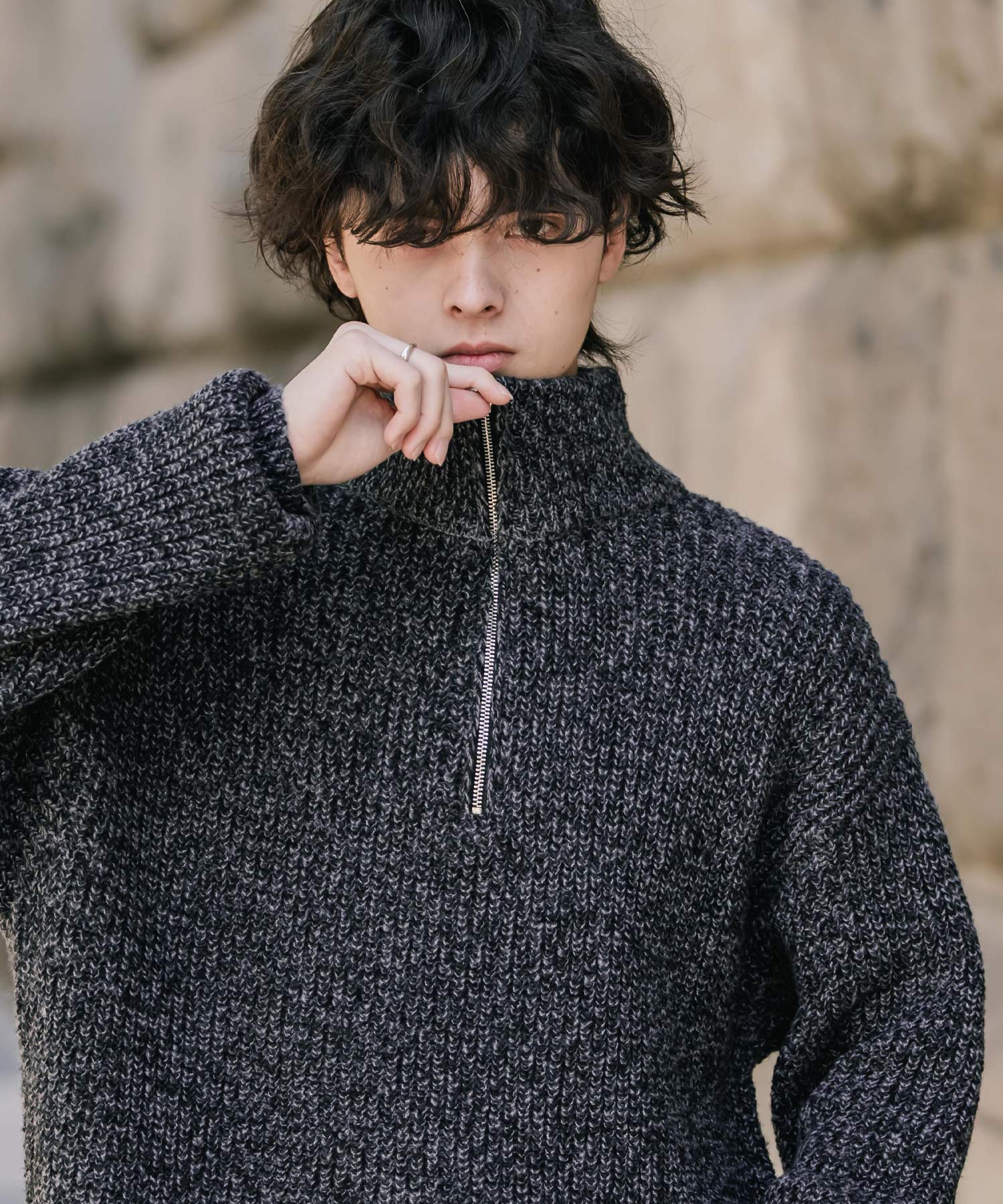 オーバーサイズ畦編みハーフジップニットセーター 14553