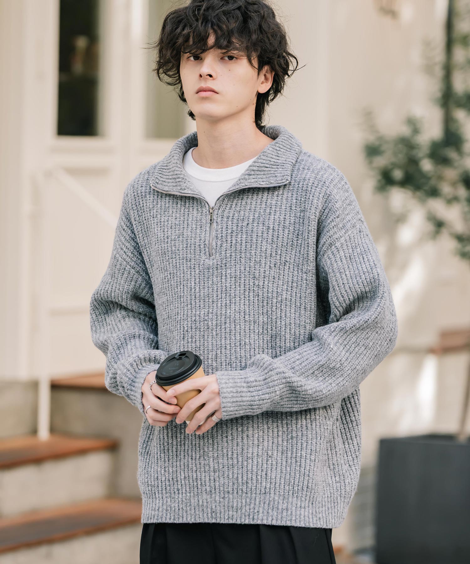新色追加 オーバーサイズ畦編みハーフジップニットセーター 14553
