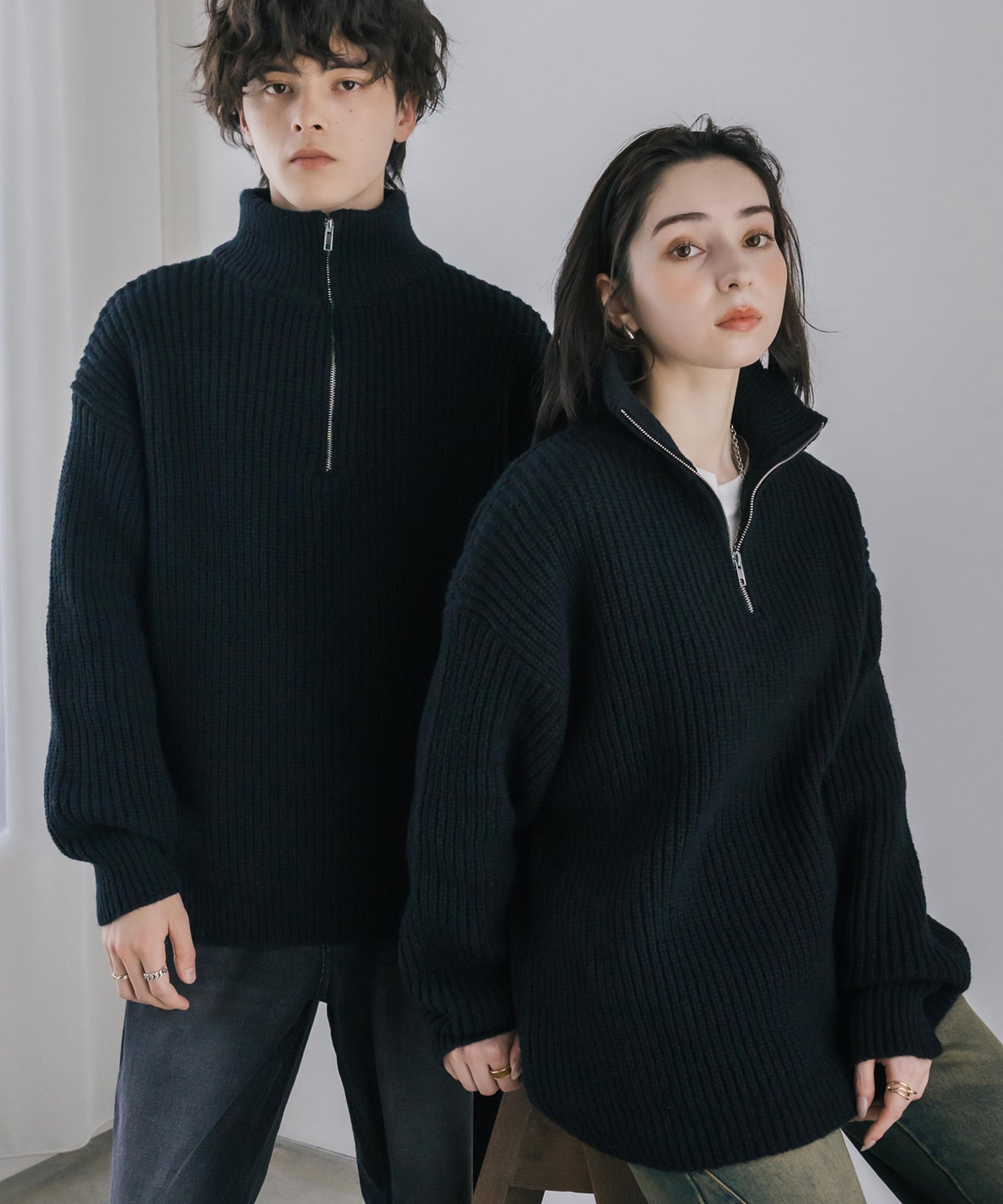 新色追加 オーバーサイズ畦編みハーフジップニットセーター 14553
