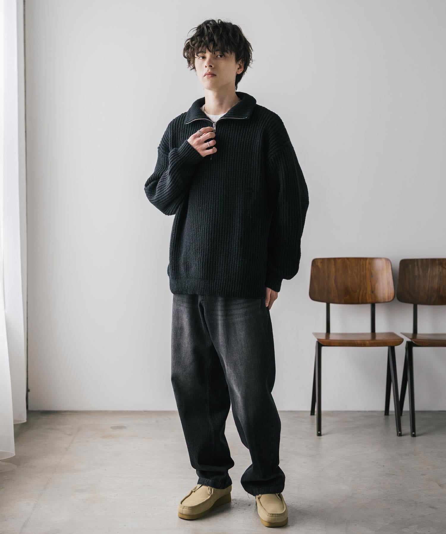 オーバーサイズ畦編みハーフジップニットセーター 14553
