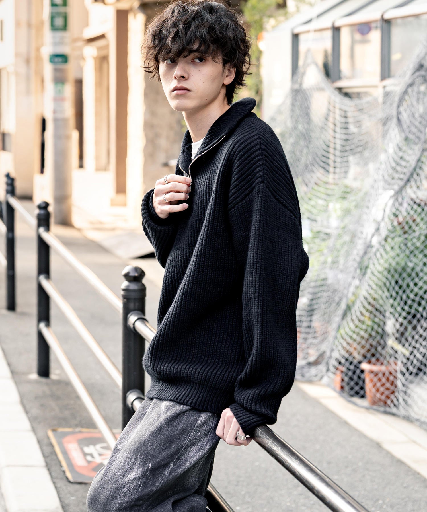 オーバーサイズ畦編みハーフジップニットセーター 14553