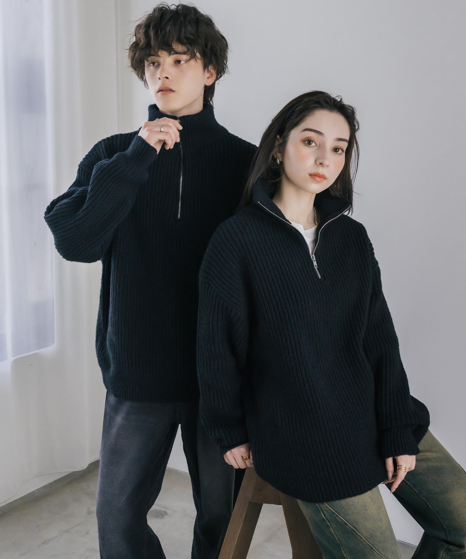 新色追加 オーバーサイズ畦編みハーフジップニットセーター 14553