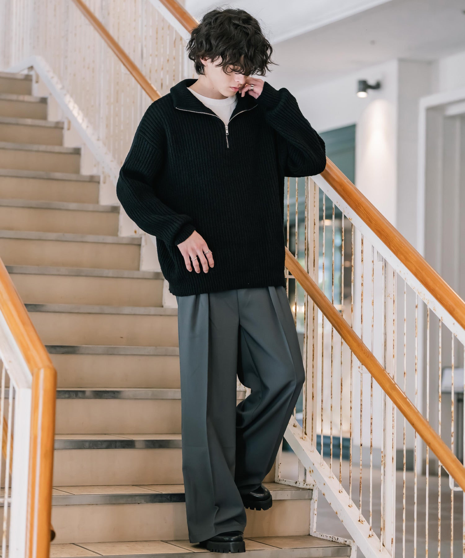 オーバーサイズ畦編みハーフジップニットセーター 14553