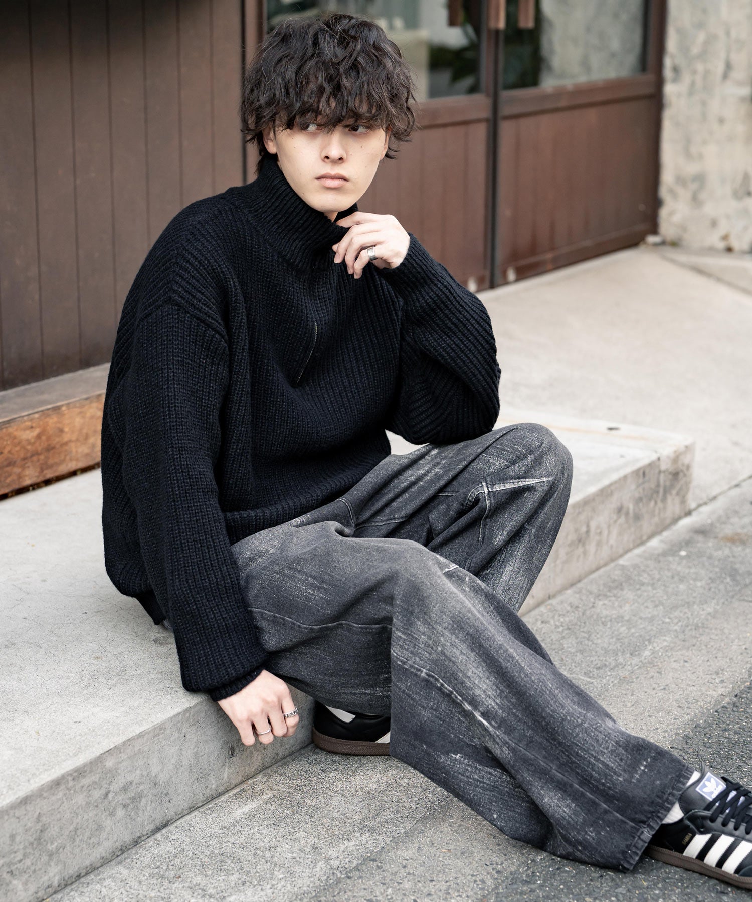 オーバーサイズ畦編みハーフジップニットセーター 14553