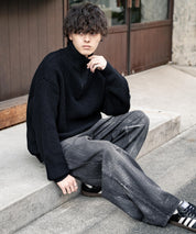 オーバーサイズ畦編みハーフジップニットセーター 14553