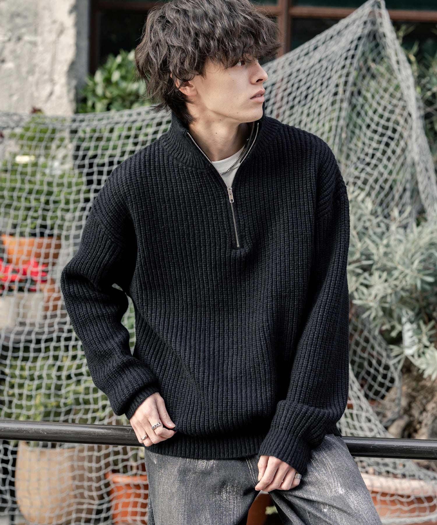 オーバーサイズ畦編みハーフジップニットセーター 14553