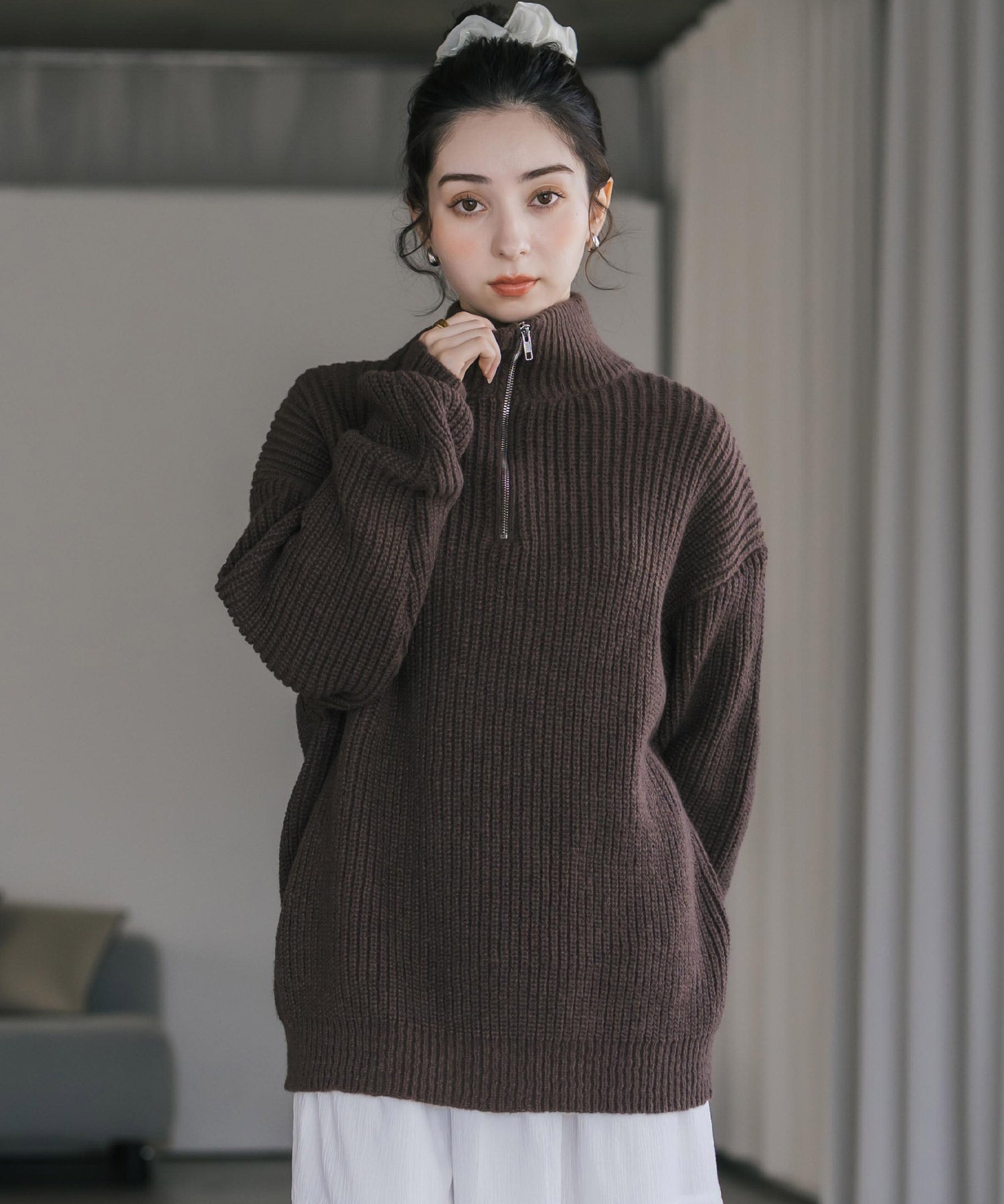 新色追加 オーバーサイズ畦編みハーフジップニットセーター 14553