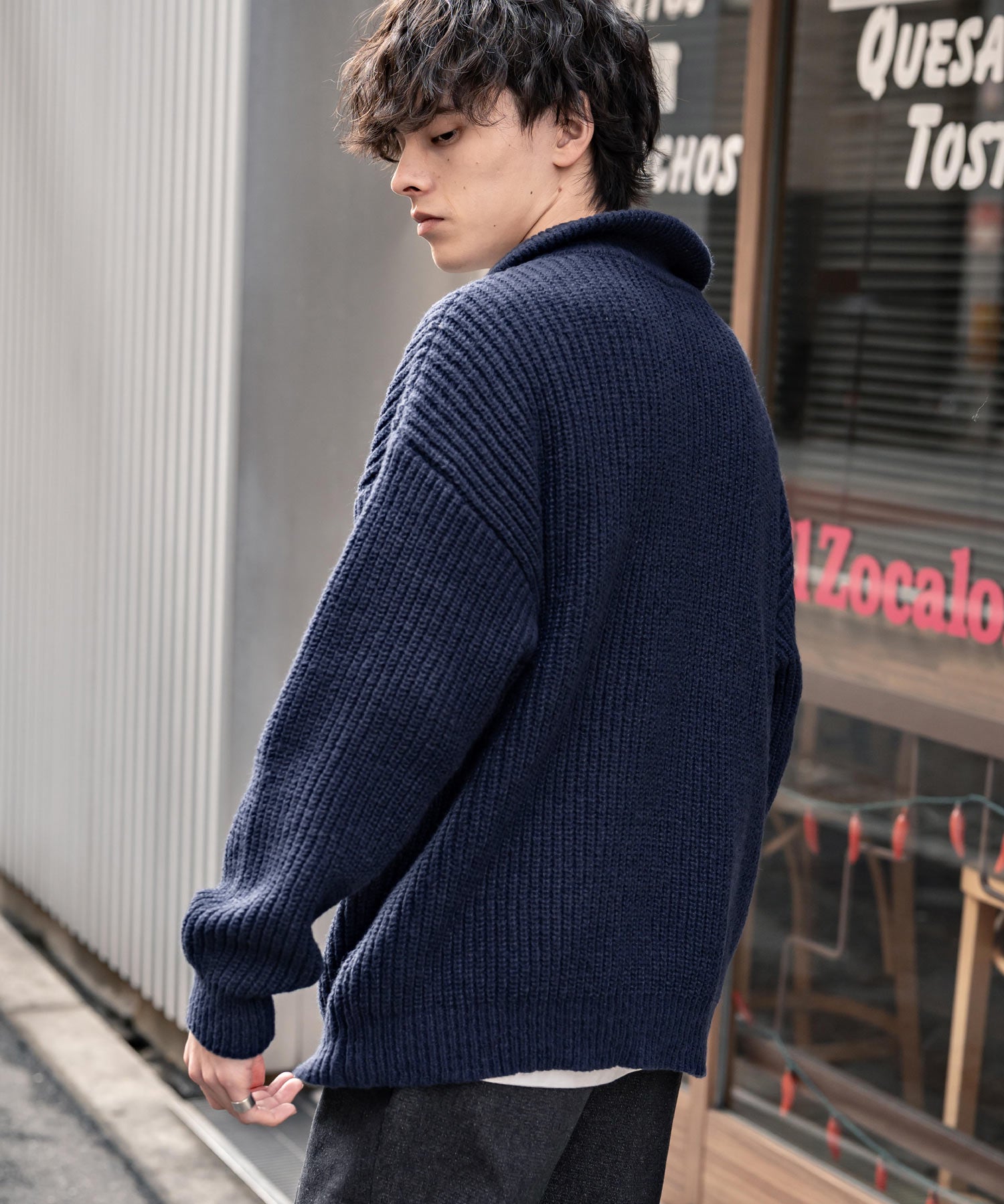 オーバーサイズ畦編みハーフジップニットセーター 14553