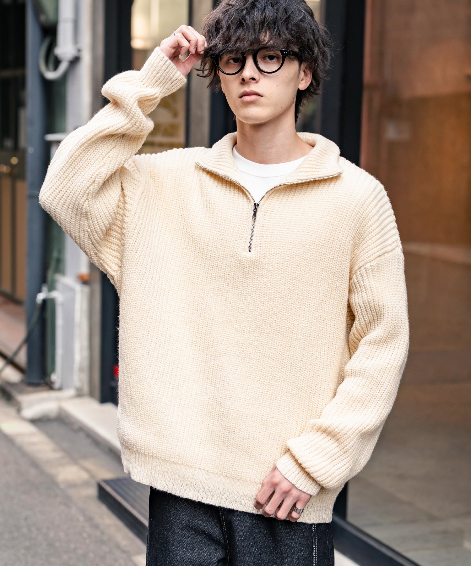 オーバーサイズ畦編みハーフジップニットセーター 14553