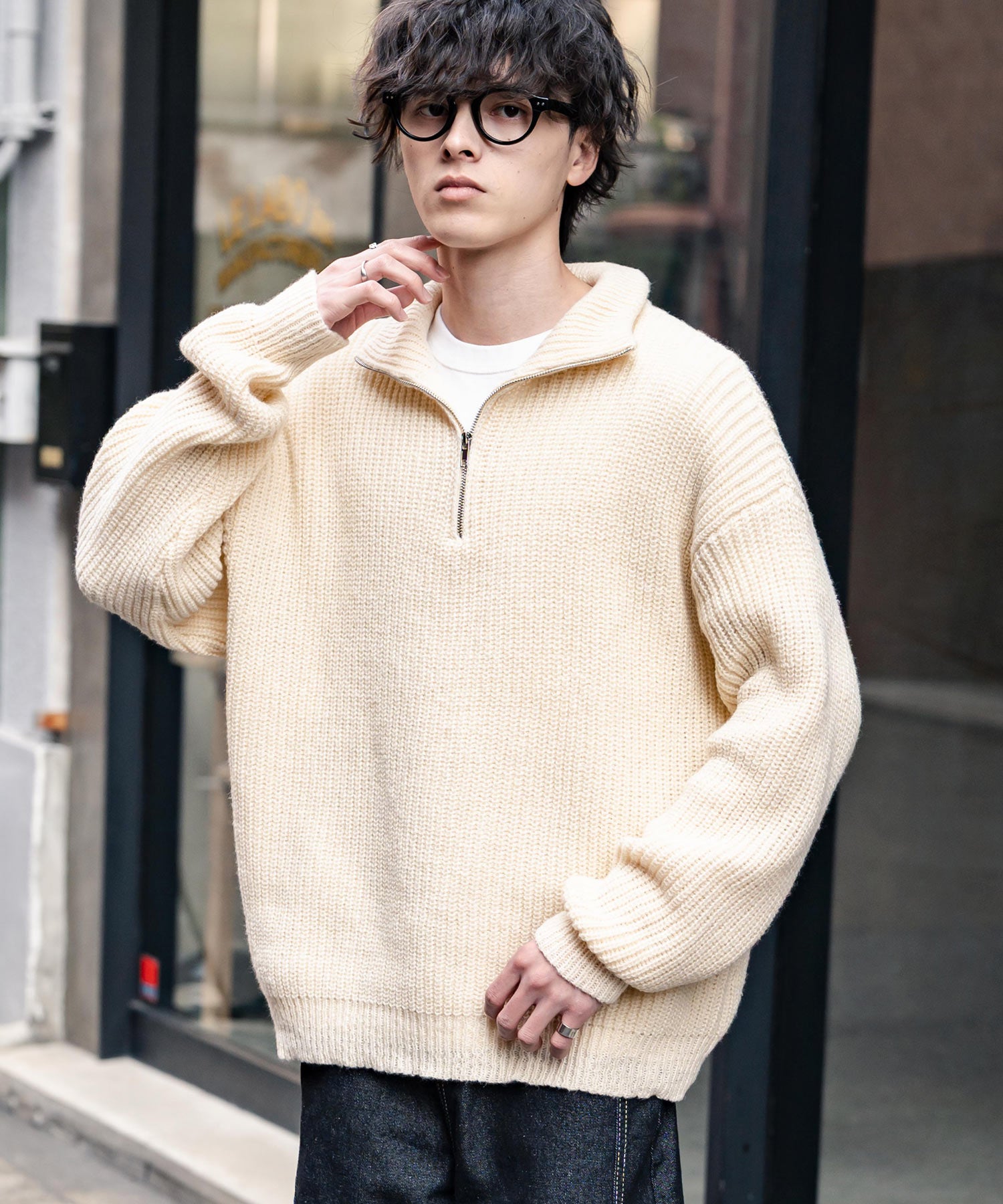 新色追加 オーバーサイズ畦編みハーフジップニットセーター 14553