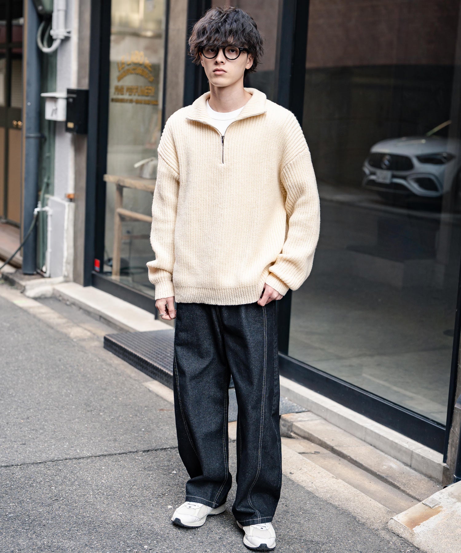 オーバーサイズ畦編みハーフジップニットセーター 14553