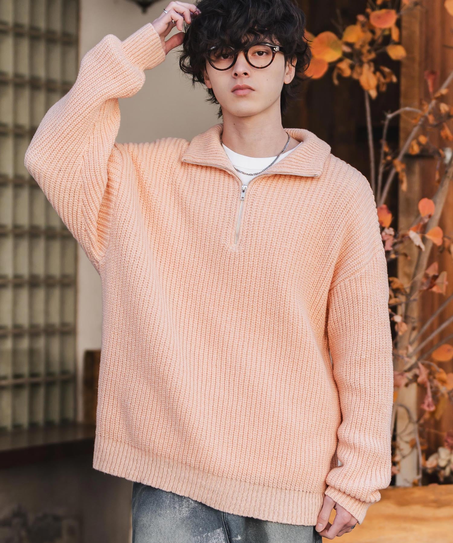 新色追加 オーバーサイズ畦編みハーフジップニットセーター 14553