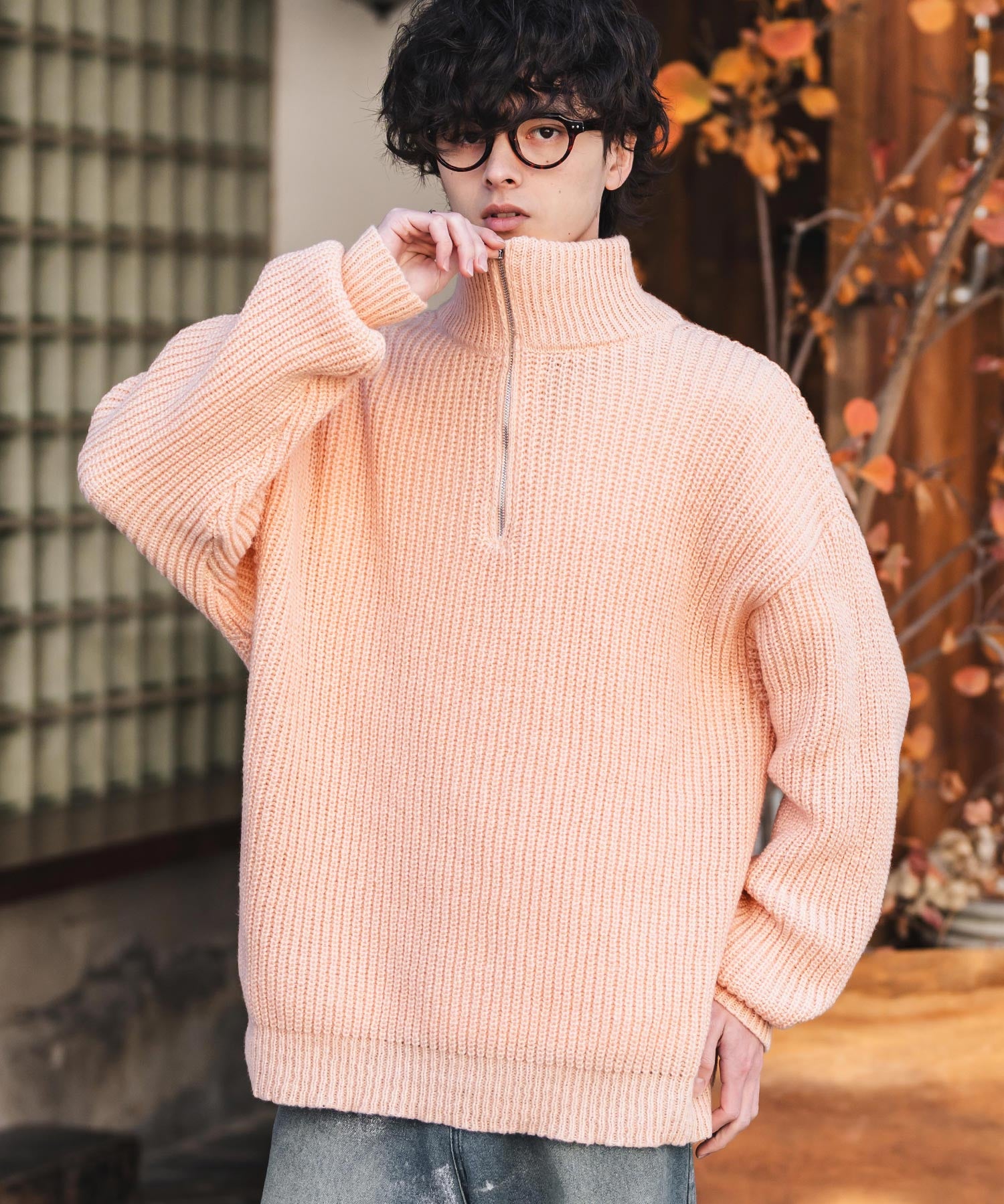 新色追加 オーバーサイズ畦編みハーフジップニットセーター 14553