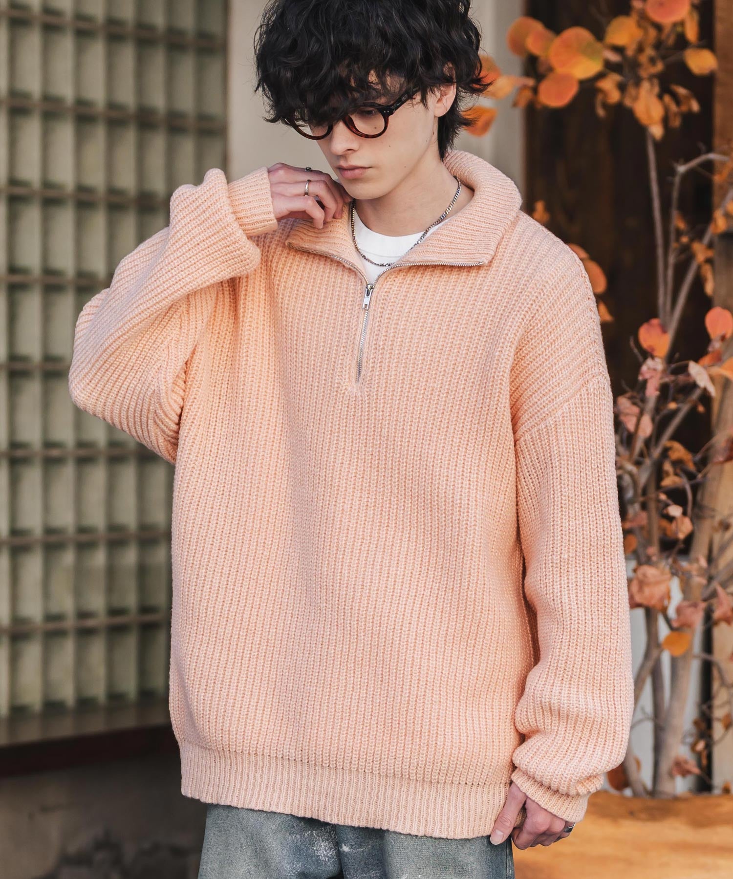 新色追加 オーバーサイズ畦編みハーフジップニットセーター 14553